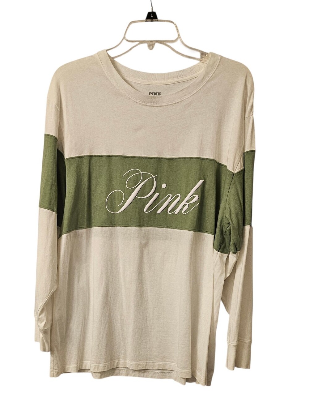PINK Logo Colorblock Long Sleeve Tee - Cream & Olive